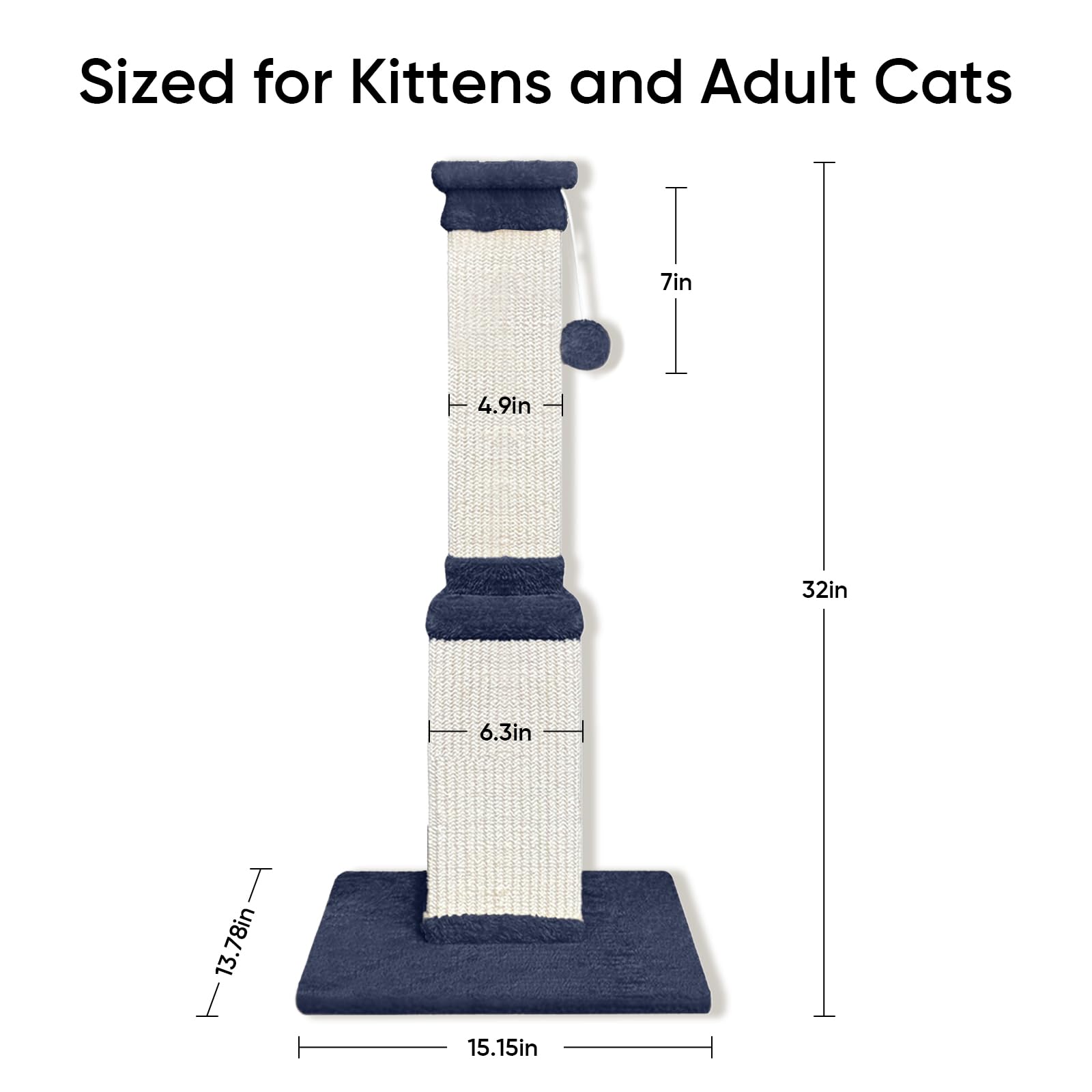 Columna rascador para gatos, 81 cm, tronco rascador de sisal y madera, poste rascador para gatos grandes y gatos de casa, base ancha estable, color azul