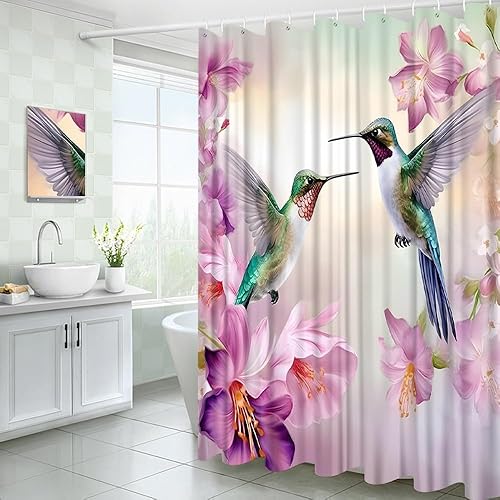 Miniatura 4 de Cortina de ducha floral de colibrí, acuarela, rosa, morado, jardín, naturaleza, paisaje, baño, decoración, juego de cortinas con ganchos