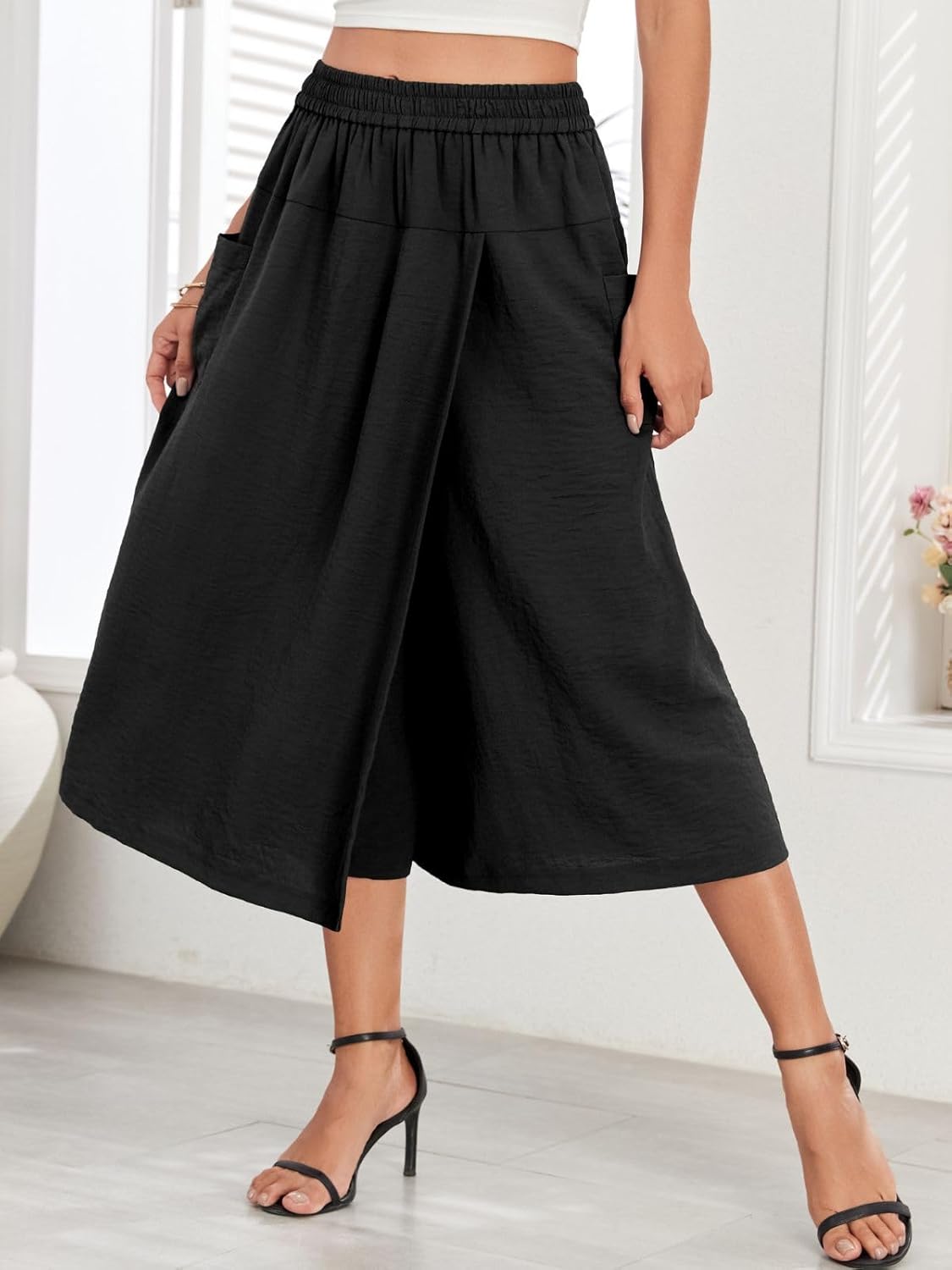 Women's Novelty Pants Relaxed Fit Capri Culottes Flowy Palazzo Skorts with Pockets - Image 2