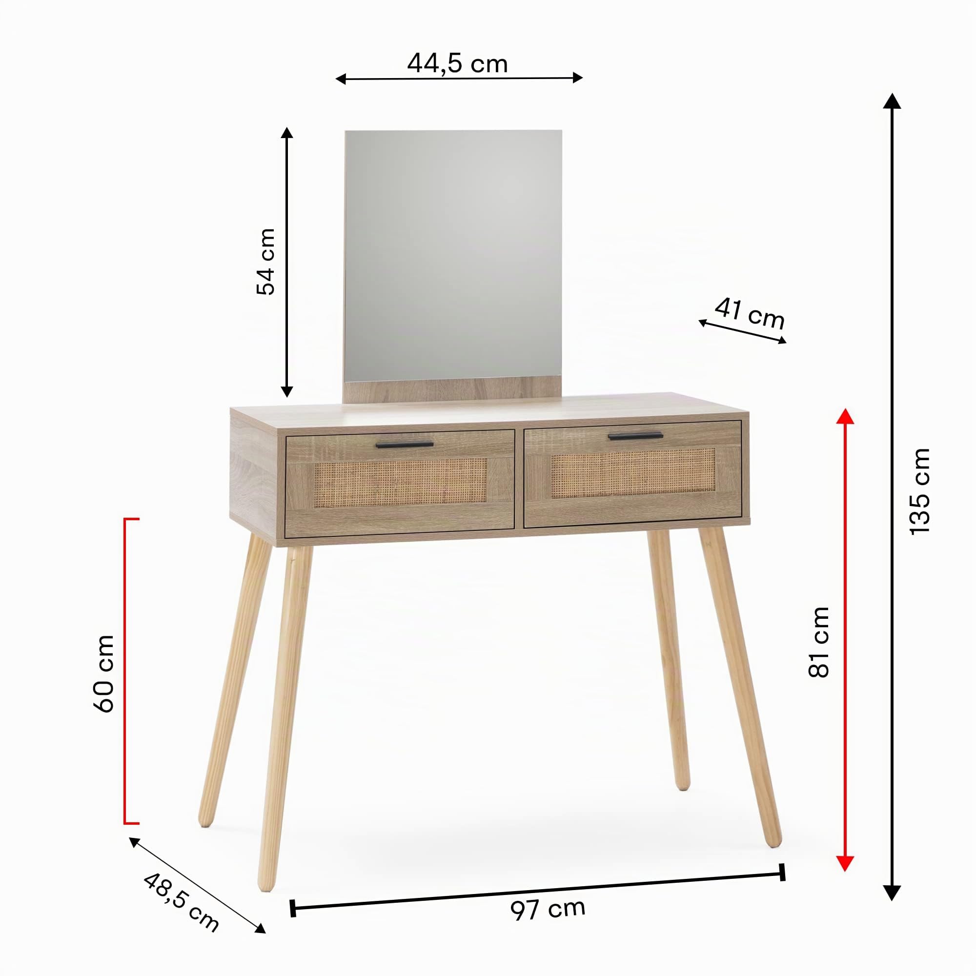 HOMN LIVING Recibidor Dalia con 2 cajones y 1 Espejo Color Roble y Ratán, Mueble de Entrada, 90 cm (Ancho) 41 cm (Profundo) 135 cm (Altura)