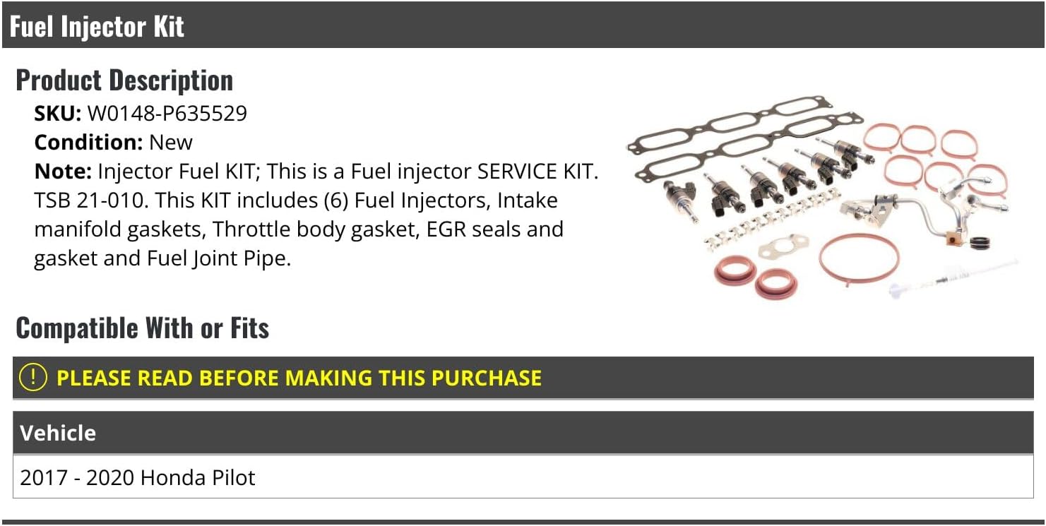 Fuel Injector Kit with 6 Injectors and Gaskets - Compatible with 2017-2020 Honda Pilot