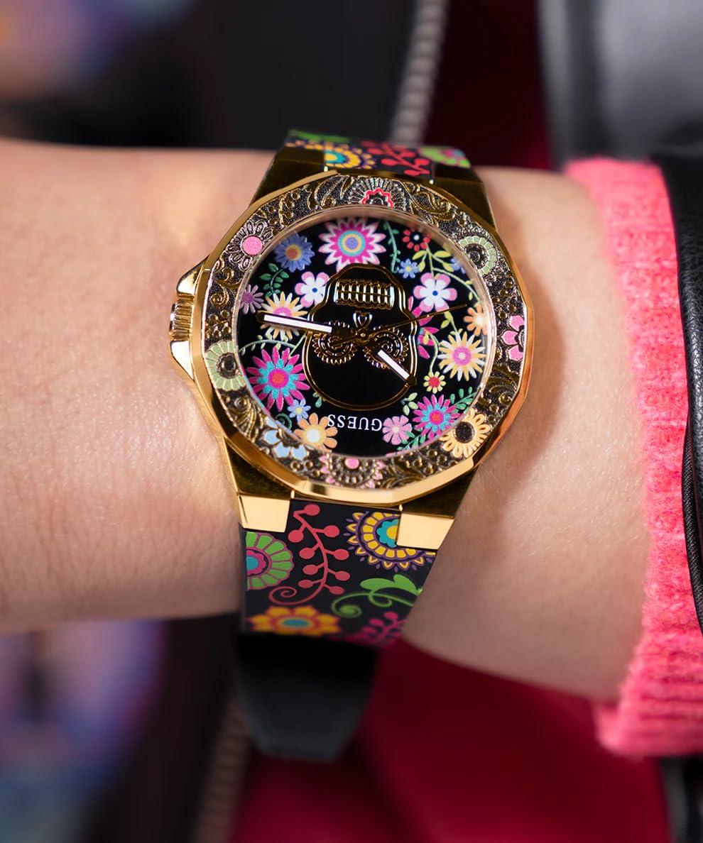 Guess Reloj analógico de Cuarzo para Mujer con Correa de Silicona GW0754L1, Negro, Día de los Muertos
