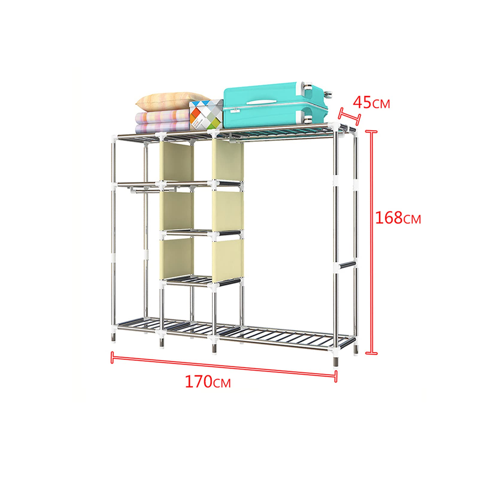 Tragbarer Kleiderschrank aus Stoff, Multifunktionsschrank, Aufbewahrungsorganisator, 3 offene Schränke, Kreativität, Schlafzimmermöbel, einfache Montage, 168 x 170 x 45 cm (Größe: