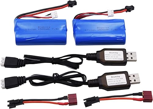 Miniatura 5 de Blomiky Paquete de 2 baterías recargables de iones de litio de 7.4 V 1500 mAh SM-2P enchufe con adaptador T y cable USB adecuado para H101 H103 H105