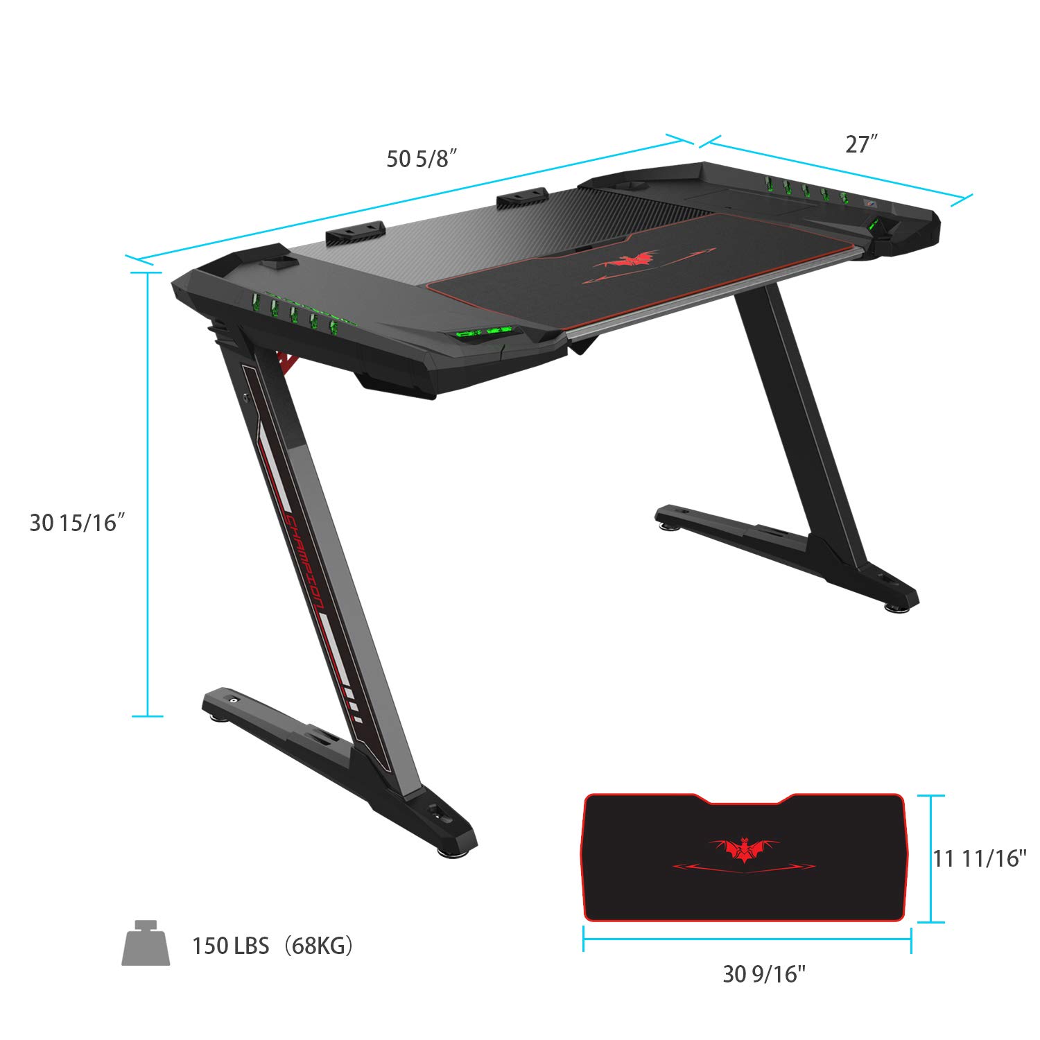 EUREKA ERGONOMIC Gaming Desk Z2 Gaming Computer Desk 50.6'' PC Gaming