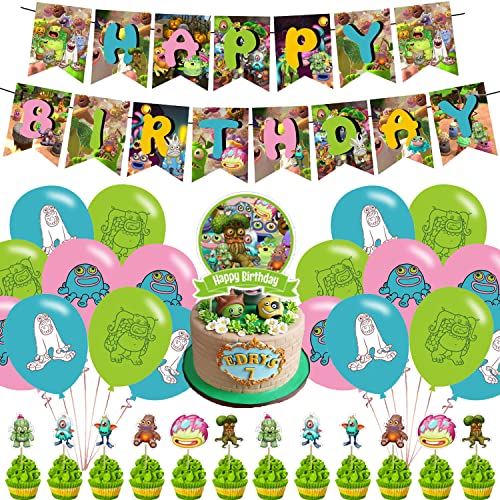 Singing Monsters Happy Birthday Decorations - Monster Theme Party Supplies with Banner Cupcake Toppers Balloons Favors