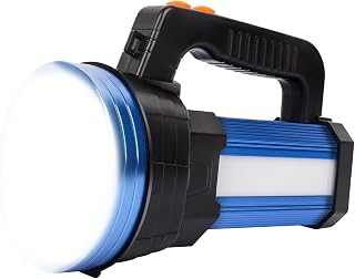Super Bright LED Handheld Spotlight Flashlight Rechargeable 9600mAh 6000 Lumens Long Lasting Spot Light Waterproof Tactical Torch, 6 Light Modes Side Floodlight, USB Output PowerBank (Blue)