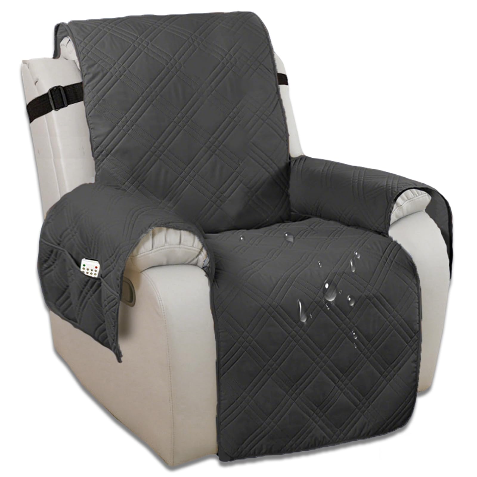 Edumov Recliner Chair Cover, Waterproof Recliner Slipcovers with Side Pockets, Soft Washable Sofa Protector for Dogs & Pets, Non-Slip Armchair Covers Fit Most Electric Chair, Dark Grey