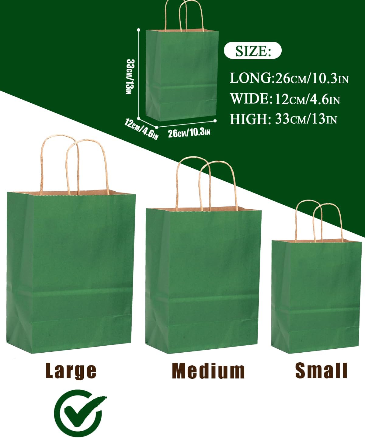 qiqee 100PCS Gift Bag with Handles Bulk Kraft Deep Green Paper Bags Multiple Uses (13''x5 x10 inch Large Size) - Image 4