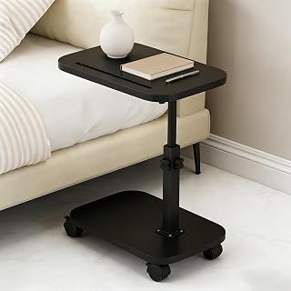 Wooden Side Table, C-Shape, Height Adjustable With Wheels, 360° Rotatable Mobile Small Coffee Table For Living Room (Black)