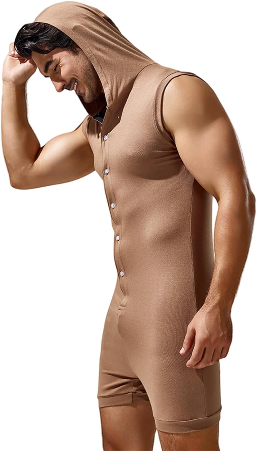 Mens Onesie Pajamas Henley Jumpsuit Adult Underwear Stretchy Silk Romper Pajamas Sexy Lounge One Piece Pajamas - Image 5