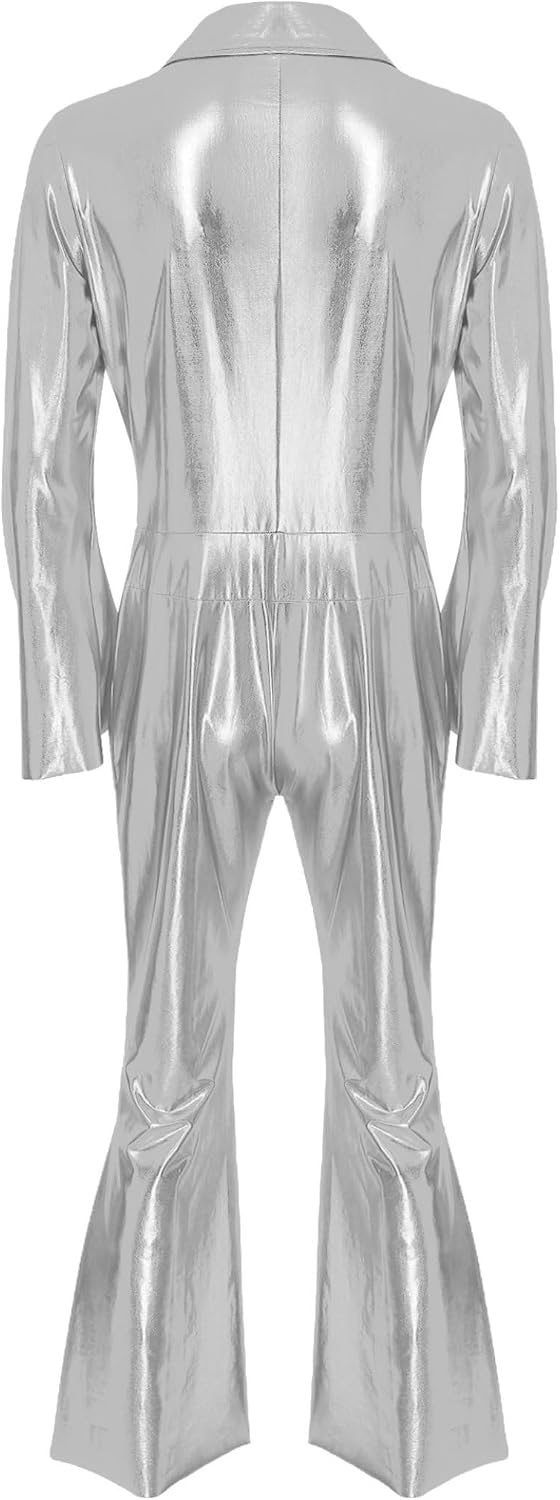 Sywiyi Men's Overalls Shiny Metallic Bell-Bottom Jumpsuit Long Sleeve Lapel Front Zipper Catsuit Clubwear