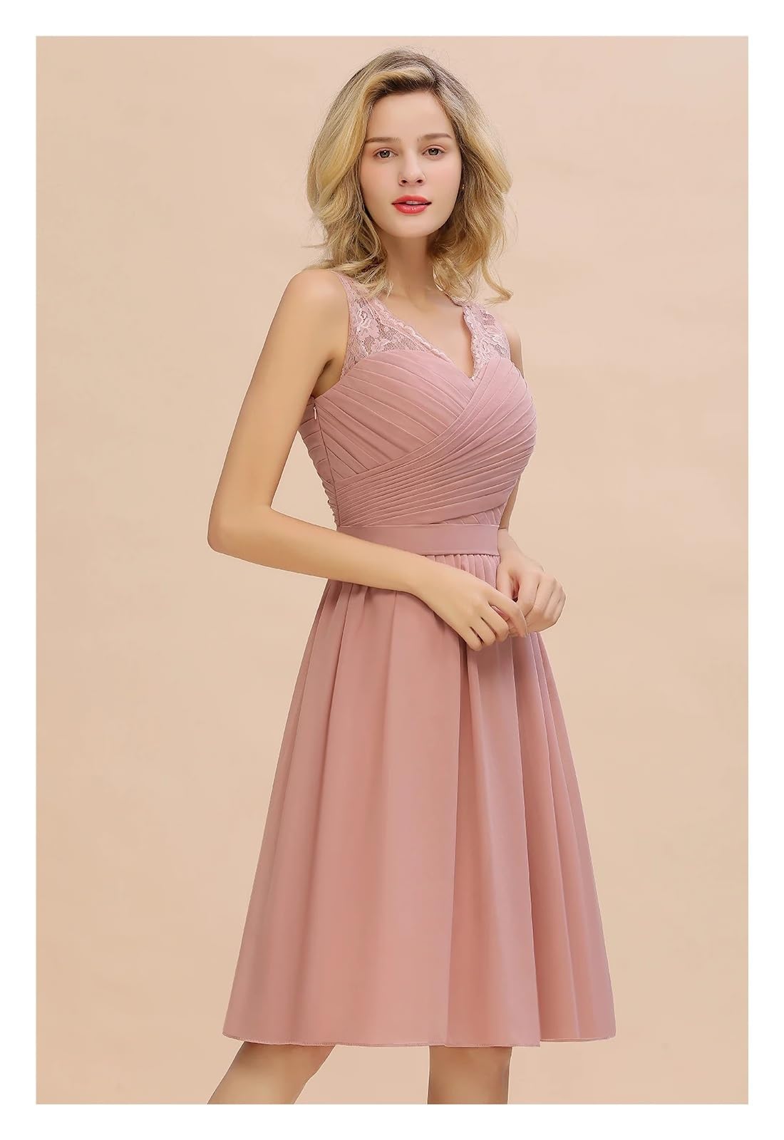 Klassisches Dusty Rose Chiffon A-Linie Brautjungfernkleid for Hochzeitsfeier V-Ausschnitt Ärmellos Spitze Kurzes Abschlussballkleid(Dusty Blue,14)