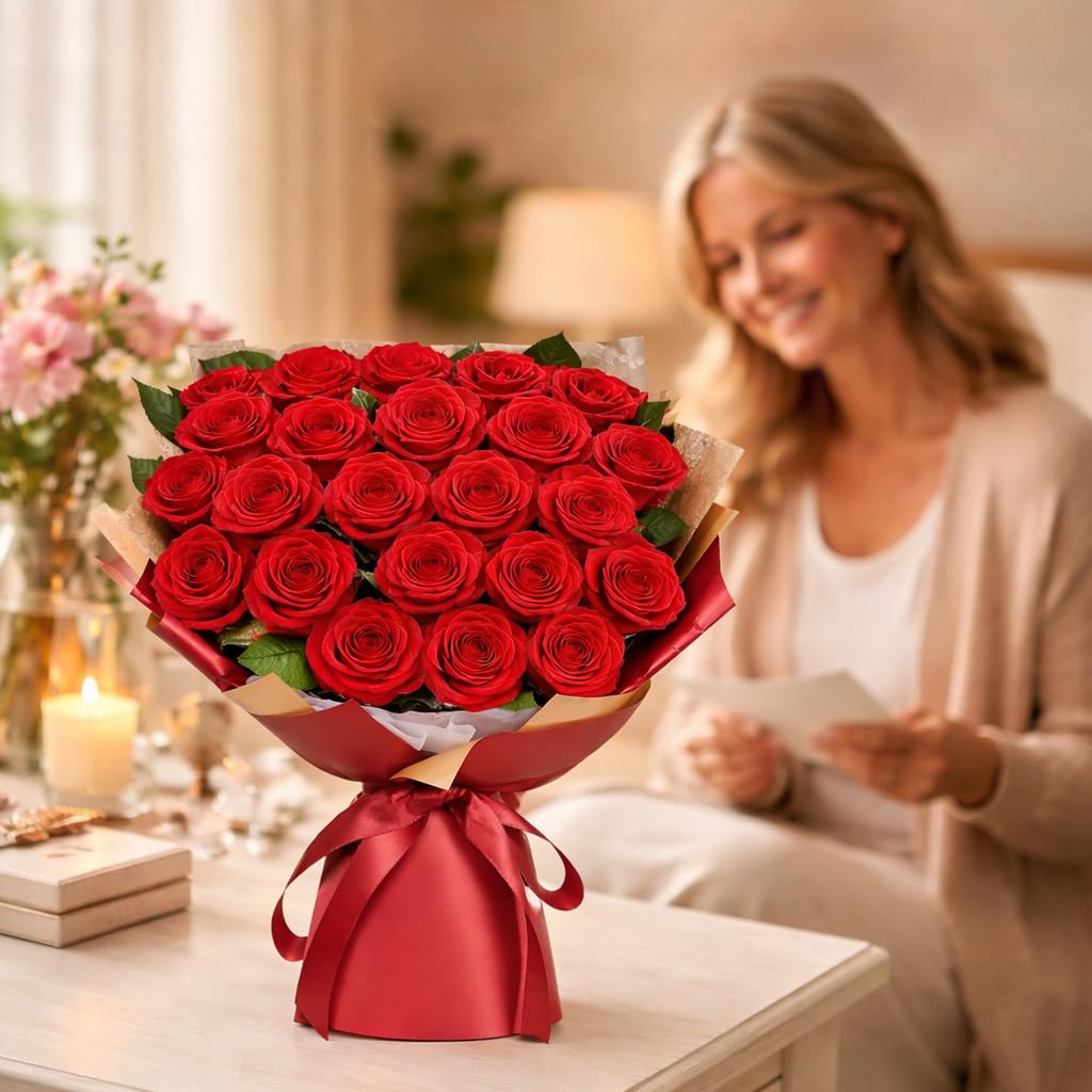 ADDWel Bouquet di Rosa Eterna e Bouquet di Fiori Eterno con 24 Rose Stabilizzate – Regalo Romantico per Donna Mamma Fidanzata o Moglie Compleanno Festa della Mamma San Valentino e Natale del mare