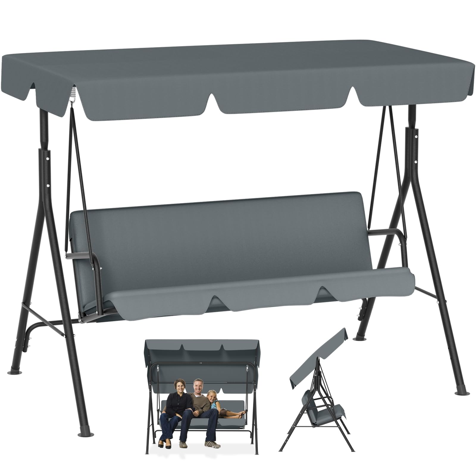 Froadp Columpio de jardín para exteriores con techo, 3 plazas, soporta hasta 200 kg, resistente a la intemperie, columpio para adultos en el jardín, balcón, terraza, 176 x 110 x 152 cm, antracita