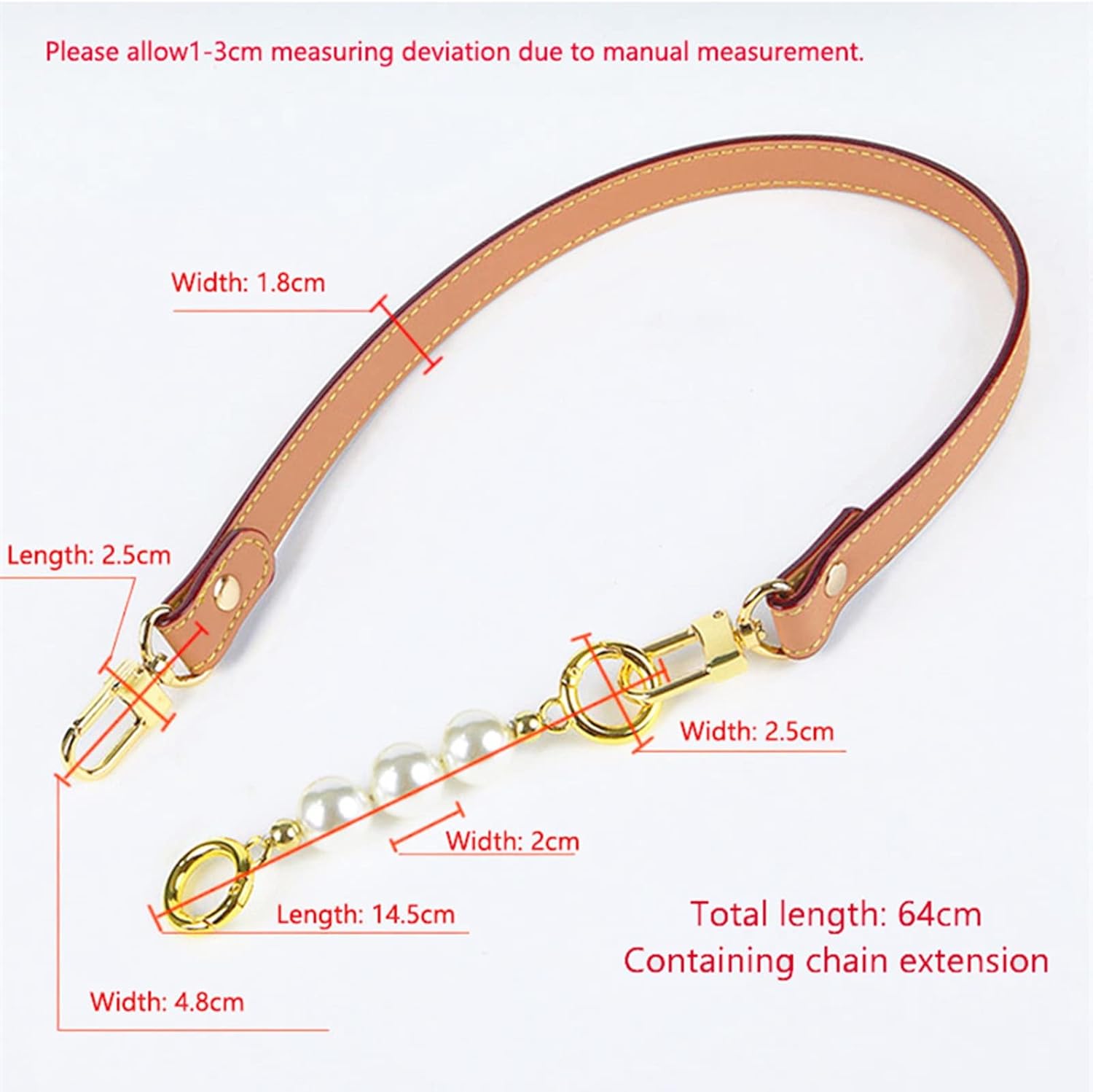 Women's Underarm Bag straps Leather Purse Replacement Strap Pearl Extension Chain Shoulder Bag Straps Accessories Short 68cm