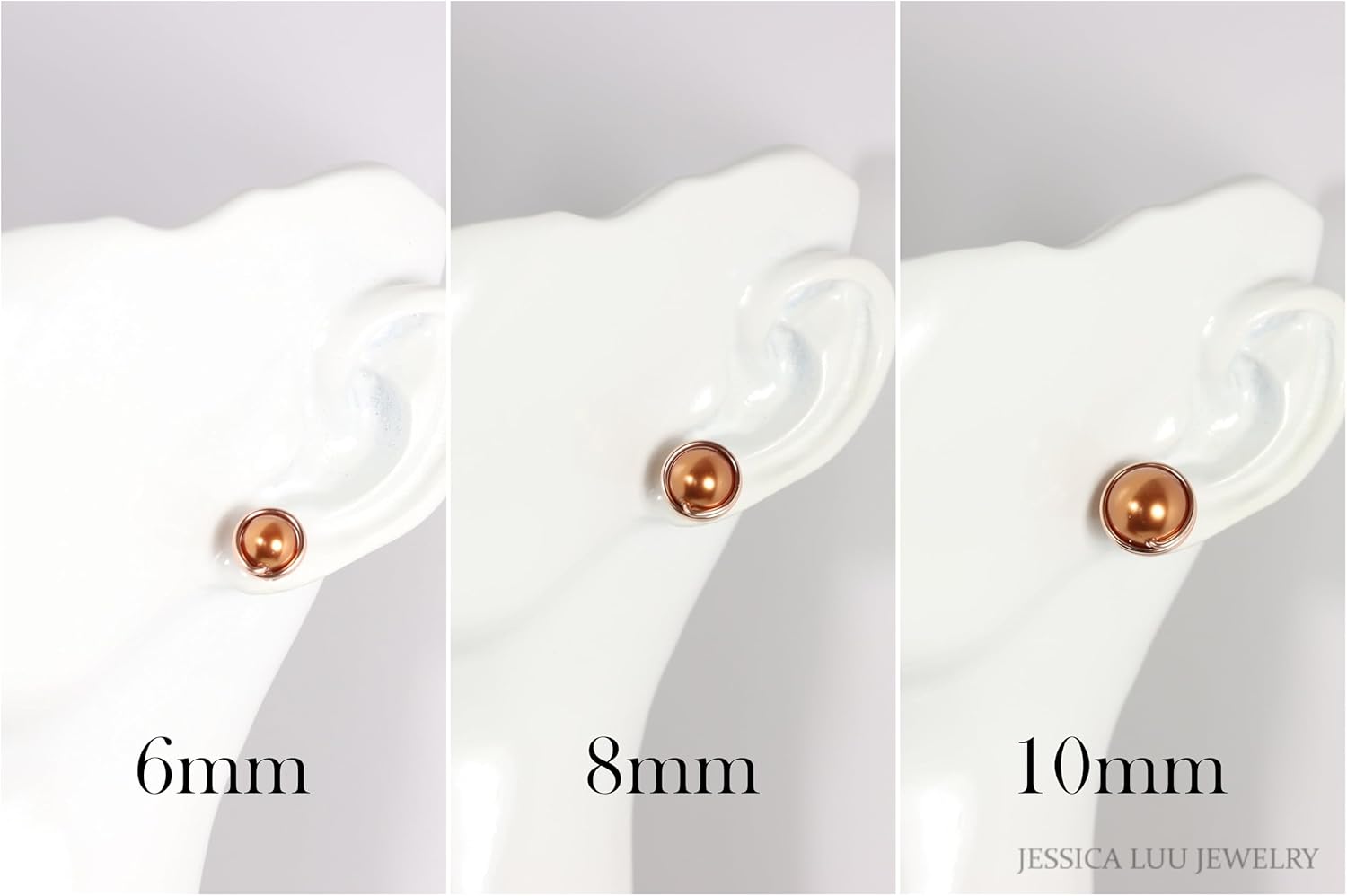 Jessica Luu Jewelry Rose Gold Copper Pearl Stud Earrings Wire Wrapped Handmade