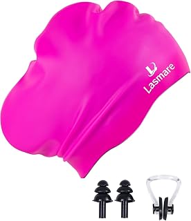 Large Silicone Swim Cap for Long Hair, Extra Room Swimming Cap for Women Men with Ear Plugs & Nose Clip Set, Waterproof Adult Bathing Cap for Thick Curly Hair-Vibrant Pink