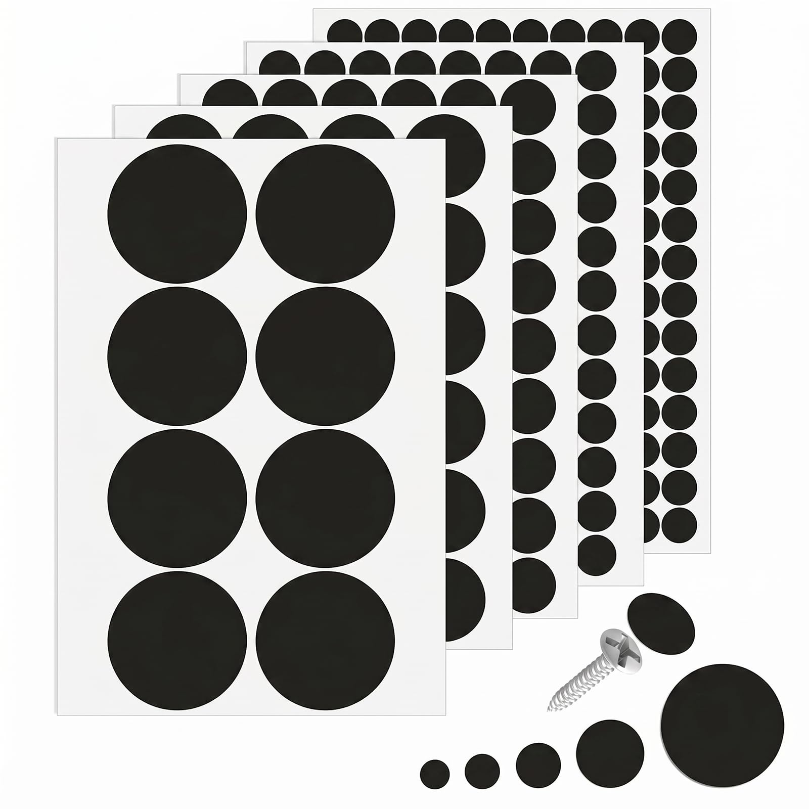 Ouligay 322 PCS Self-Adhesive Screw Hole Sticker Black Screw Covers Stickers, 12mm/15mm/21mm/30mm/50mm Screws Cover Stickers Dustproof Sticker for Various Furniture Cabinet, Drawers, Desks