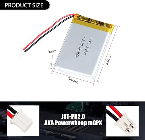 Miniatura 2 de 503450 3.7V Lipo Batería 1000mAh 503450 Batería recargable de polímero de litio con conector JST PH2.0.000 in para dispositivo electrónico