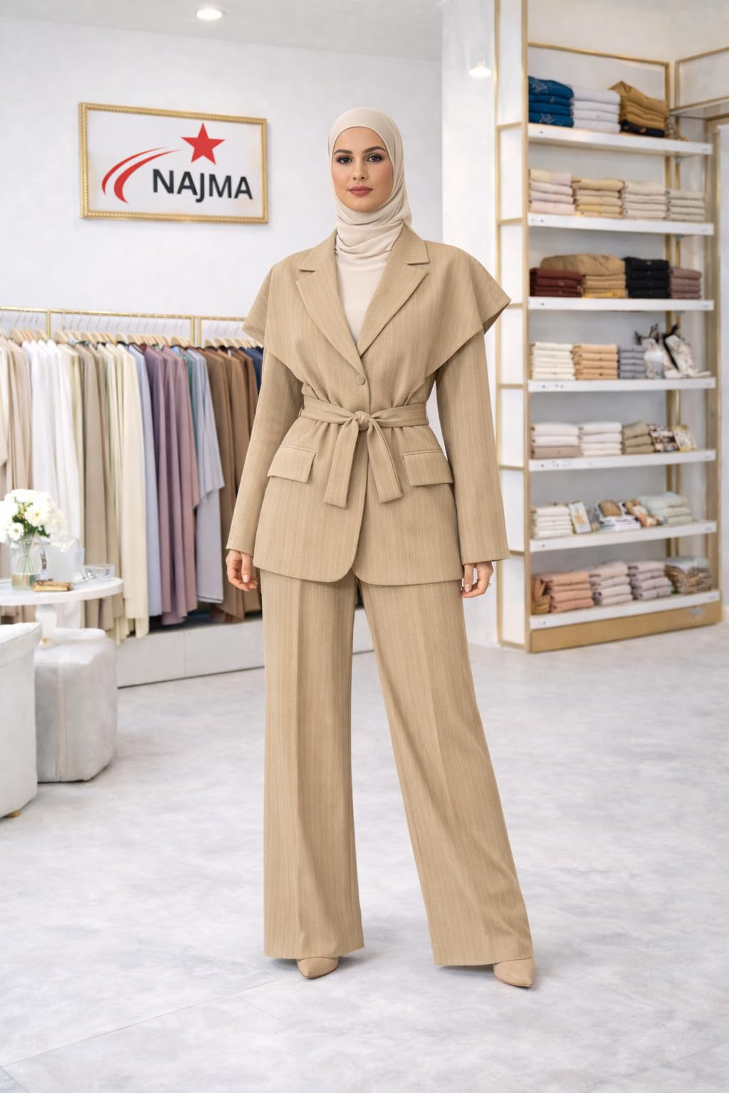 Tailleur Femme Élégant 2 Pièces Rayé – Blazer Ceinturé Structuré et Pantalon Large Fluide – Ensemble Chic