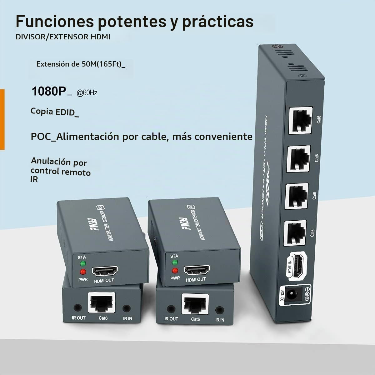 PW-HTS0104IR (POC) 1X4 Splitter HDMI Extensor de Divisor Puerto sobre Cat5e/Cat6 Cable Ethernet con Control IR Sin demora hasta 60m/196ft y Resolución hasta 1080P@60 Hz (1 In 4 out)