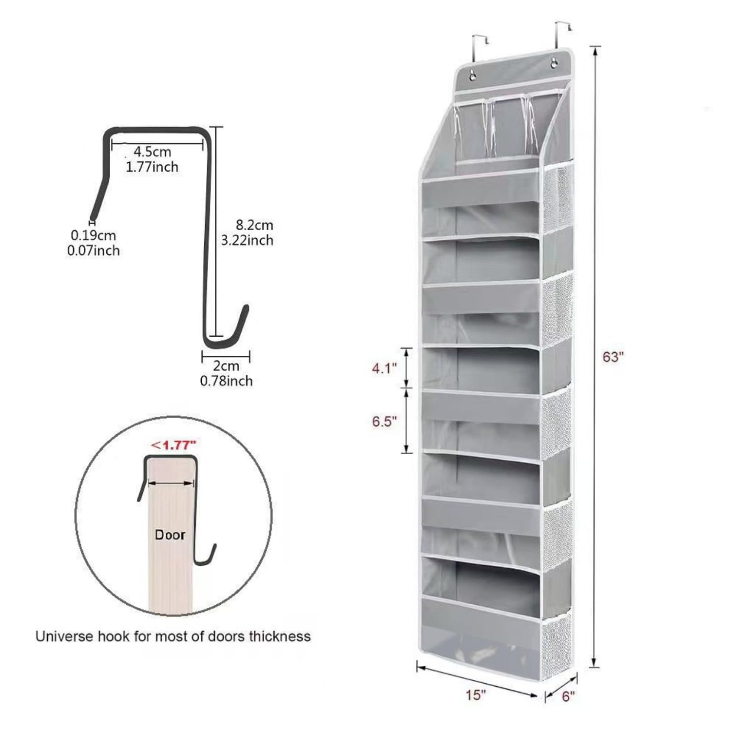 Organizer da appendere alla porta con 6 ripiani, in tessuto, con 5 grandi tasche e 3 piccole tasche in PVC, da appendere alla parete, grigio (2)