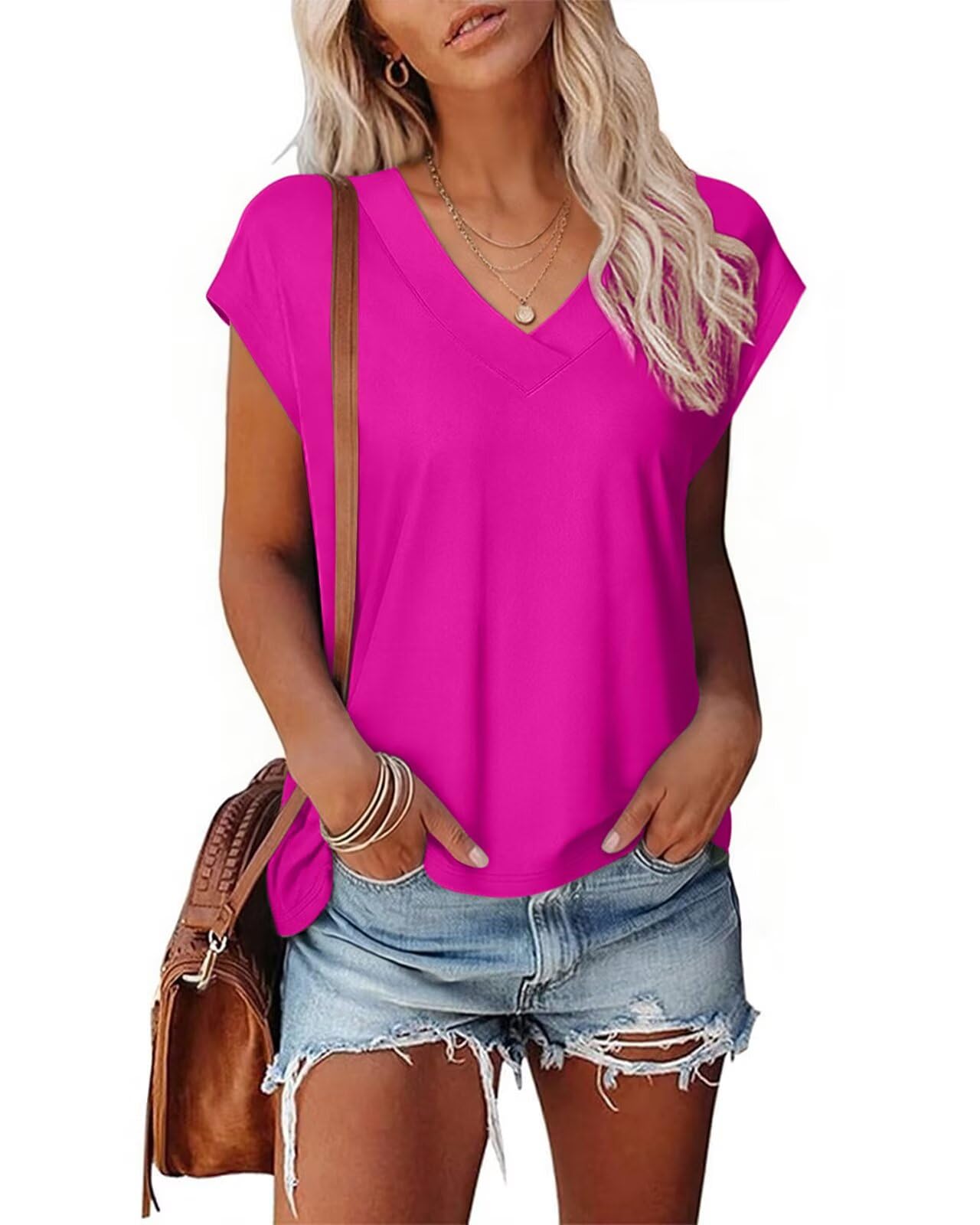 Tanmolo Damen T-Shirt Oberteile Top Sommer mit Flügelärmeln & Metallring-V-Ausschnitt Elegant Casual Shirt Bluse für Freizeit und Alltag