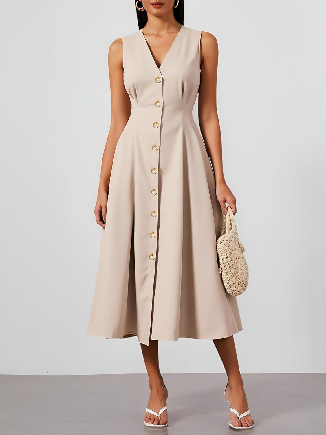 Women's Sleeveless Button Down Dresses Summer A Line Work Maxi Dress Formal Elegant Office Outfits