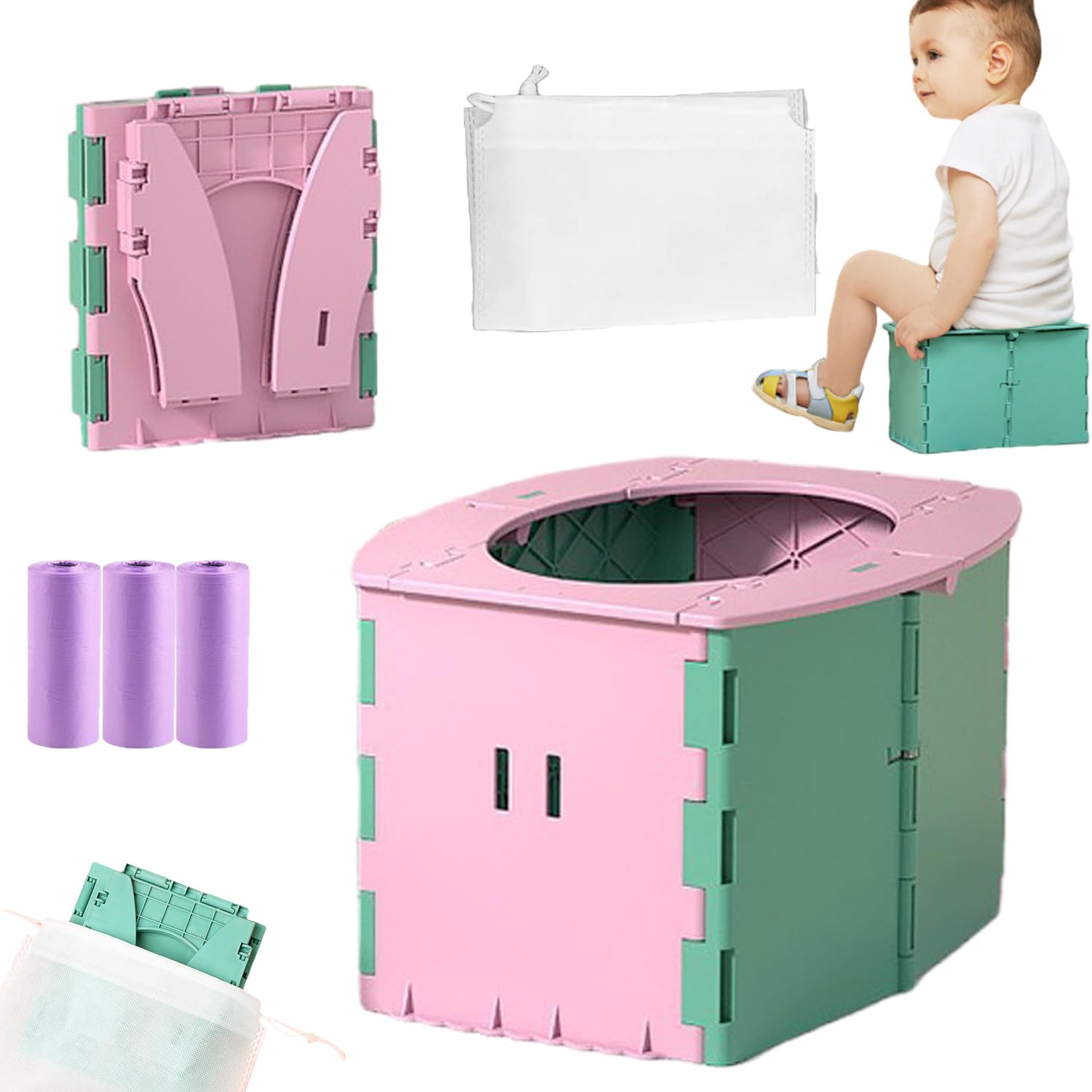 2025 New Baby Whisper Co Travel Potty with Storage Bag and Three Cleaning Bags,Foldable Potty Seat,Reusable Foldable Toilet for Camping, Indoor, Outdoor (Pink B)