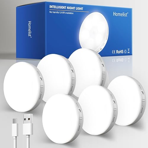 Homelist Motion Sensor Lights Indoor,6 Pack Wireless LED Rechargeable Magnetic Stick on Wall Night Light,Battery Operated USB Charging,Stair, Corridors, Closet, Kitchen Light Under Cabinets Puck Light