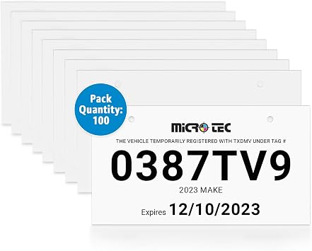 MICRO TEC Temporary License Plate Tags Blank 10 mil Paper, 11 x 6, 100 Pack | Heavy-duty 10 mil coated paper tags for temporary vehicle identification at dealerships, auctions, and used car lots