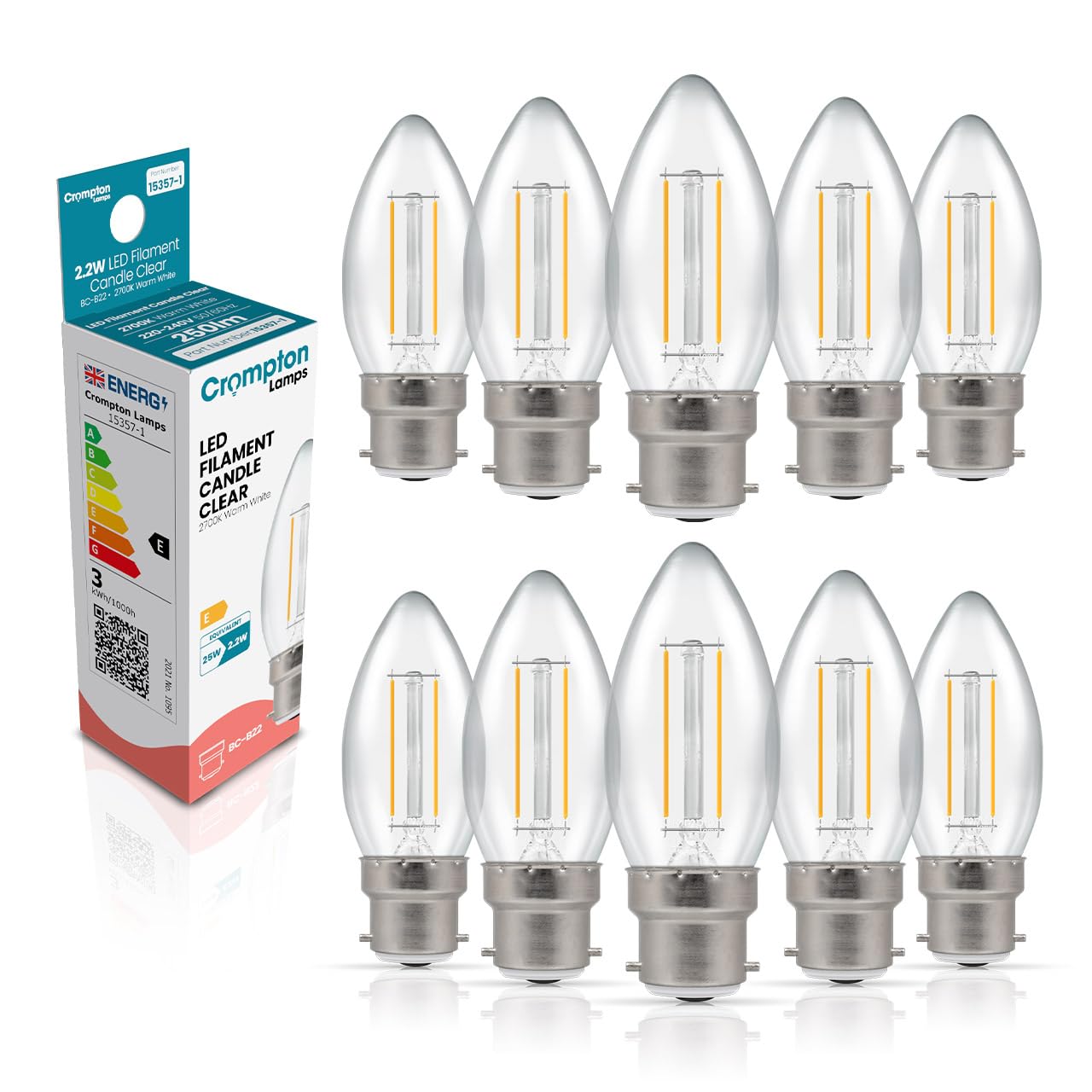 Crompton Lamps Filament Candle LED Light Bulb BC-B22d | 2.2W = 25W Equivalent | Warm White 2700K | Energy Efficient | Bayonet Lightbulb | Long Life 15000-Hrs | Clear Glass | Dimmable | 10-Pack