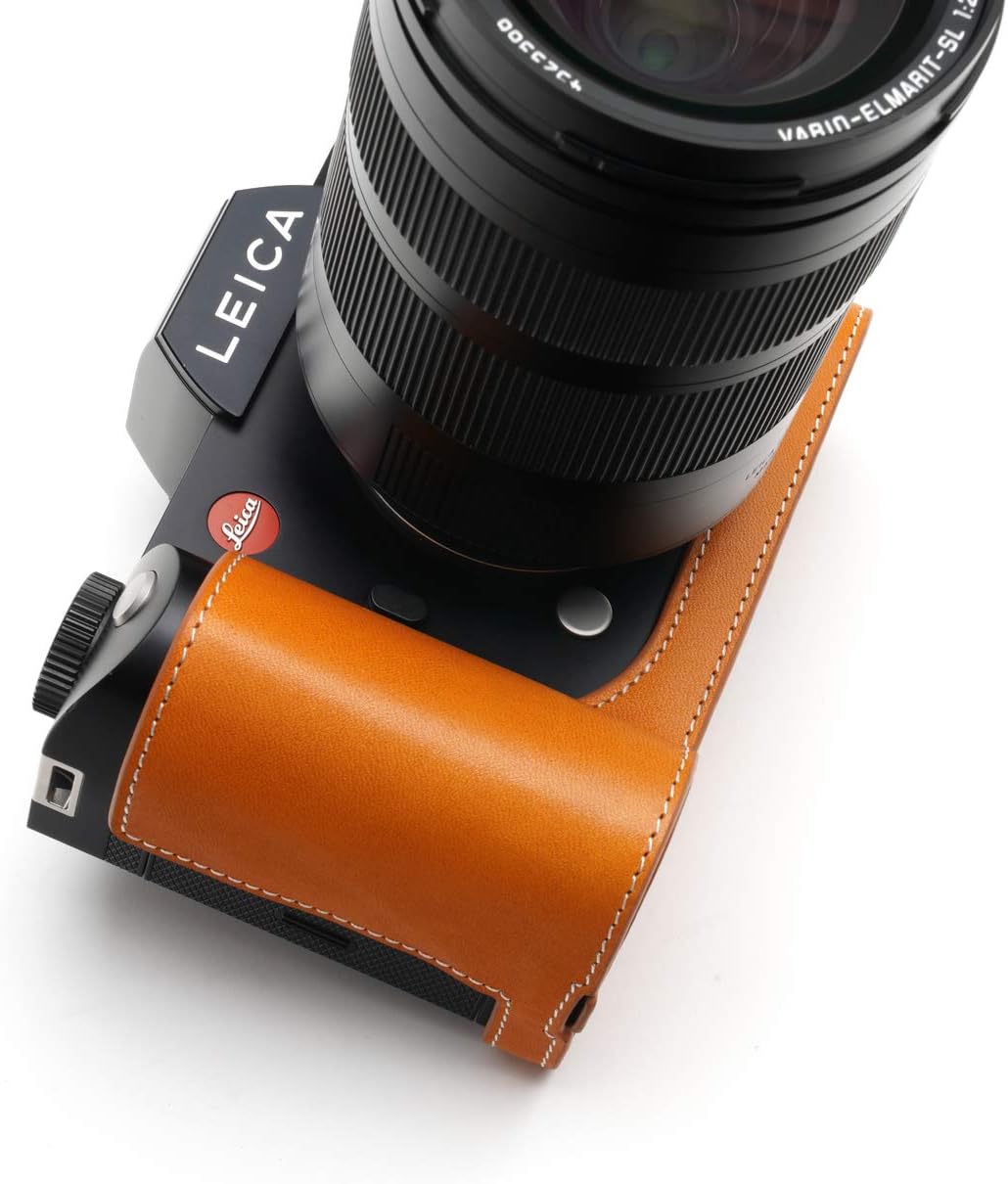 SL Camera Case, BolinUS Handmade Genuine Real Leather Half Camera Case Bag Cover for Leica SL Camera Bottom Opening Version + Hand Strap (Yellow)