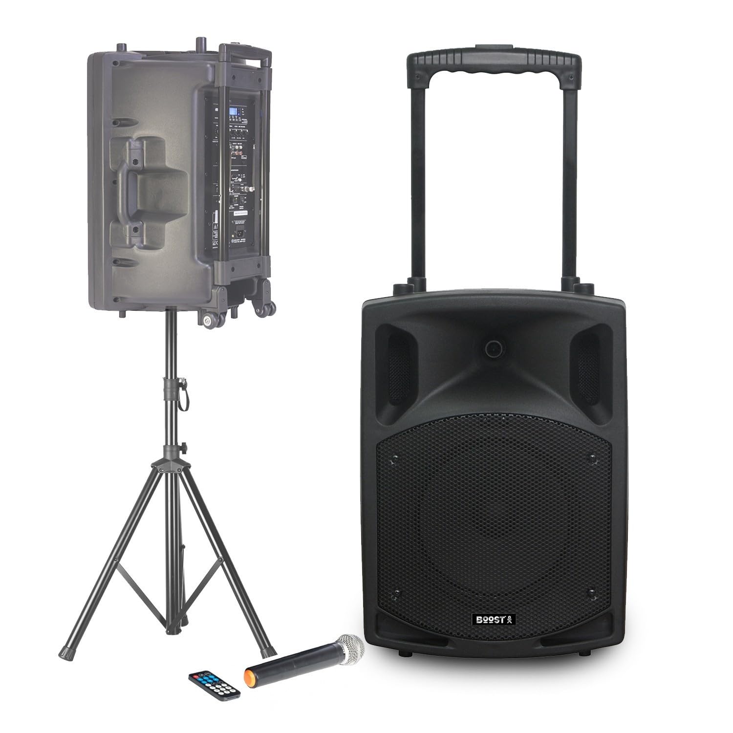 Enceinte Active Sono DJ BOOST150VHF-BT Portable Autonome - 800W -1 5/38CM avec USB-MP3, REC, VOX, Bluetooth, 1 Micro VHF, Pied