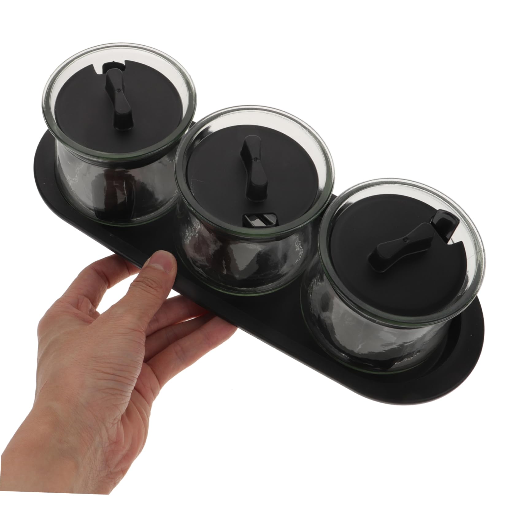 POPETPOP Set 3pezzi Barattoli per Spezie in Vetro Trasparente con Cucchiai e Vassoio, Contenitori Condimenti in Pp e Vetro Soda, Design Lavabile per Cucina