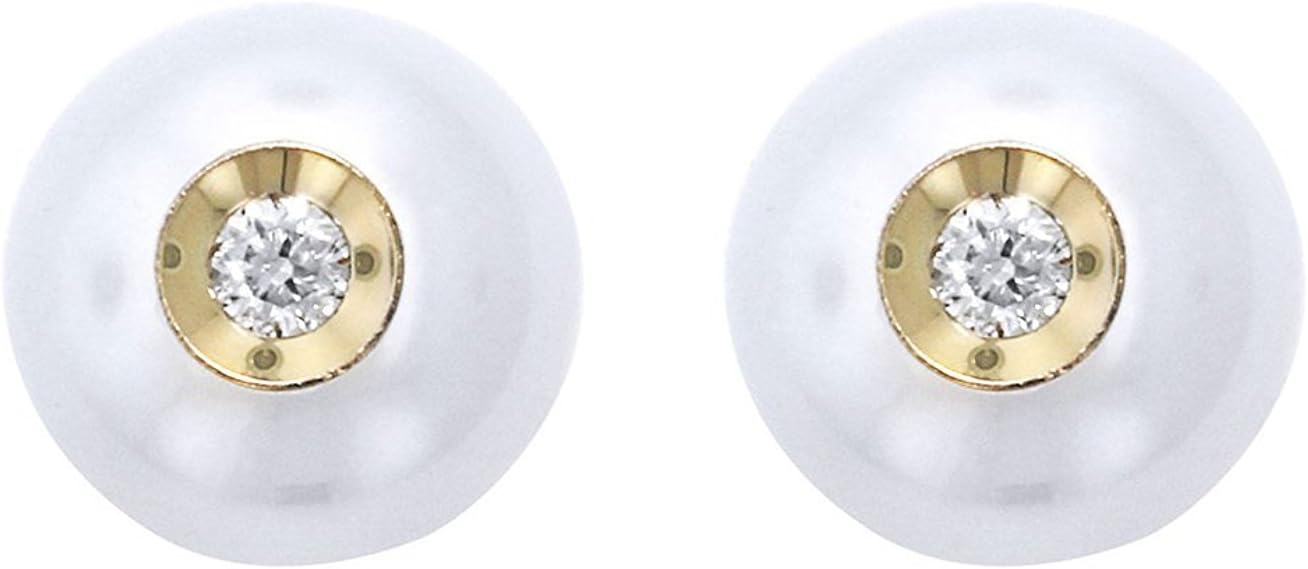14k Yellow Gold Diamond in a Pearl White Cultured Freshwater Pearl Stud Earrings