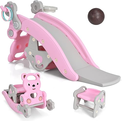 HONEY JOY Juguete mecedor para niños pequeños, 6 en 1, convertible independiente para niños, con aro de baloncesto, juego de lanzamiento de anillo,