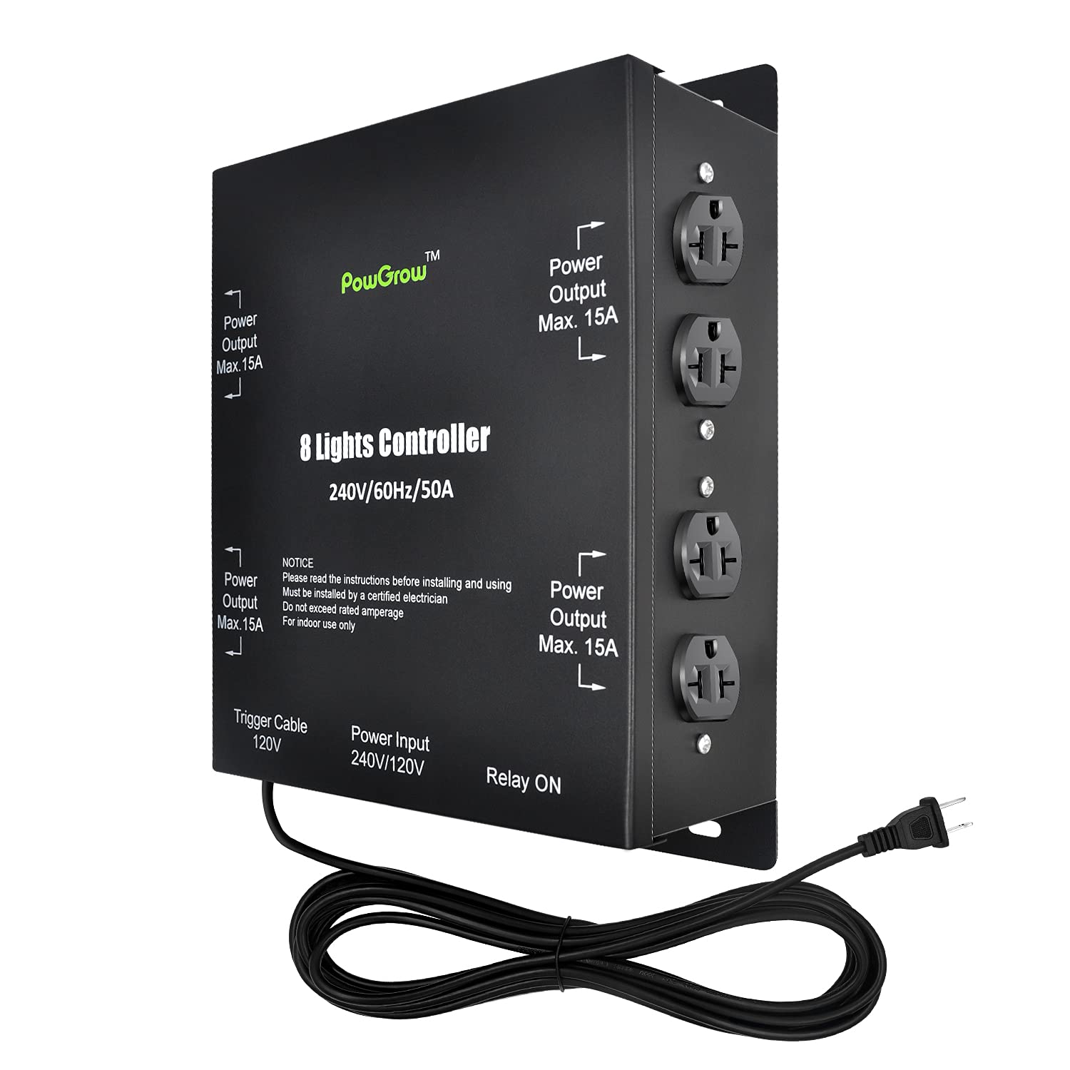 PowGrow 8-Light Controller, 8-Light Relay Controller with Trigger Cord, 120/240V Lighting Relay Ballast Light Controller for Indoor Hydroponic Grow Lights, Metal Box