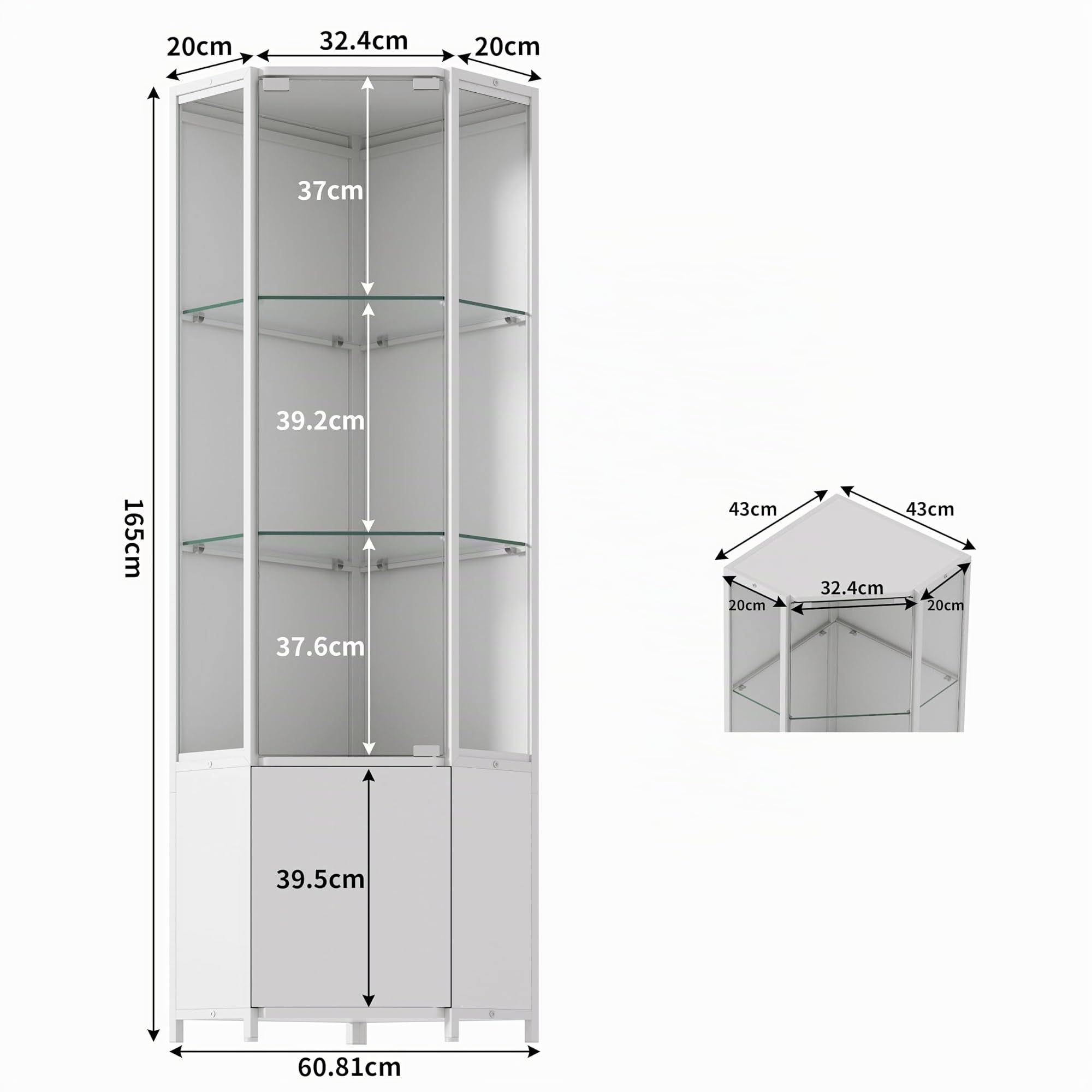 Eckvitrine mit Gehärtetem Glas，165cm Höhe Eck Vitrinenschrank mit LED Beleuchtung，3-stufige Schauvitrine und 1-stufige Cabient, Vitrine für Sammlerstücke, Spirituosen, Wohnzimmer, Schlafzimmer, Büro