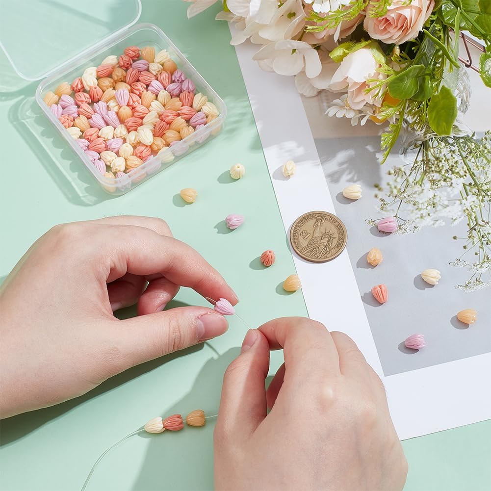 NBEADS 100 Pcs 4 Colors Jasmine Flower Beads, 8-8.5mm Synthetic Coral Floral Spacer Beads 3D Carved Cute Loose Beads Flowers for DIY Crafts Necklace Bracelet Jewelry Making Accessory - Image 3