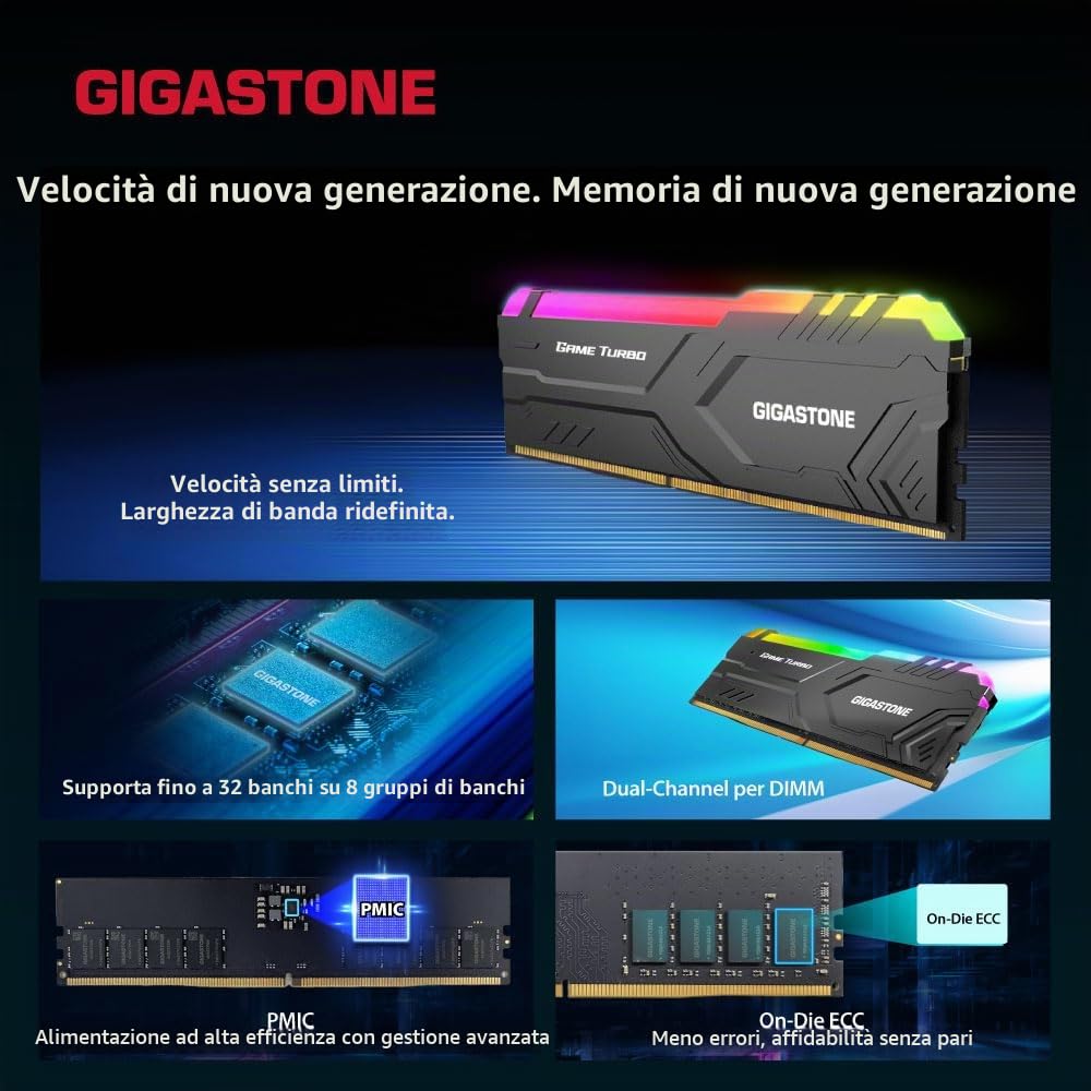 【RAM DDR5】Gigastone RGB Game Turbo Nero Desktop RAM 32GB (2x16GB) DDR5 32GB DDR5-5600MHz PC5-44800 CL40 1.25V 288 pin Unbuffered Non ECC UDIMM per PC Gaming modulo di memoria (SOLO Desktop)