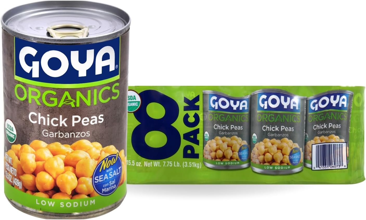 Organic Chickpeas with Sea Salt by Goya, Low Sodium Garbanzo Beans, Canned Food, Pantry Staples, Legumes Rich in Fiber, Beans Bulk 8 Pack of 15.5oz Cans