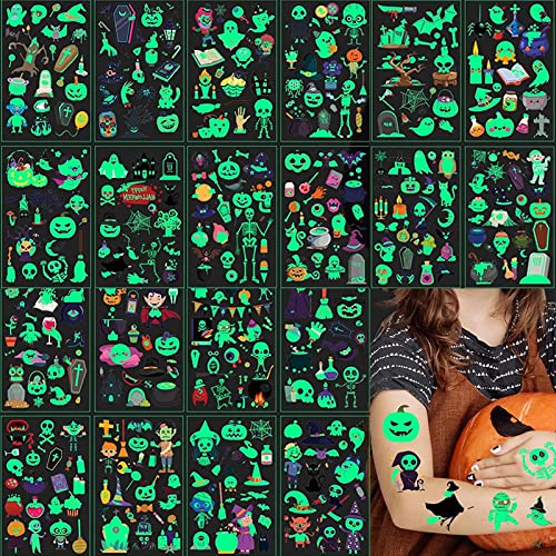 Halloween Tattoos für Kinder, 20 Blatt Halloween Temporäre Tattoos, leucht tattoo kinder Halloween Wasserdichte Kindertattoos für Mädchen Jungen Halloween Party Geschenkidee Cover