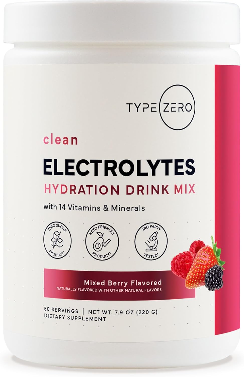 Type Zero Clean Electrolytes Hydration Powder Drink Mix + 14 Essential Vitamins & Minerals – Sugar Free, Zero Artificial Ingredients – Mixed Berry Flavor, 50 Servings