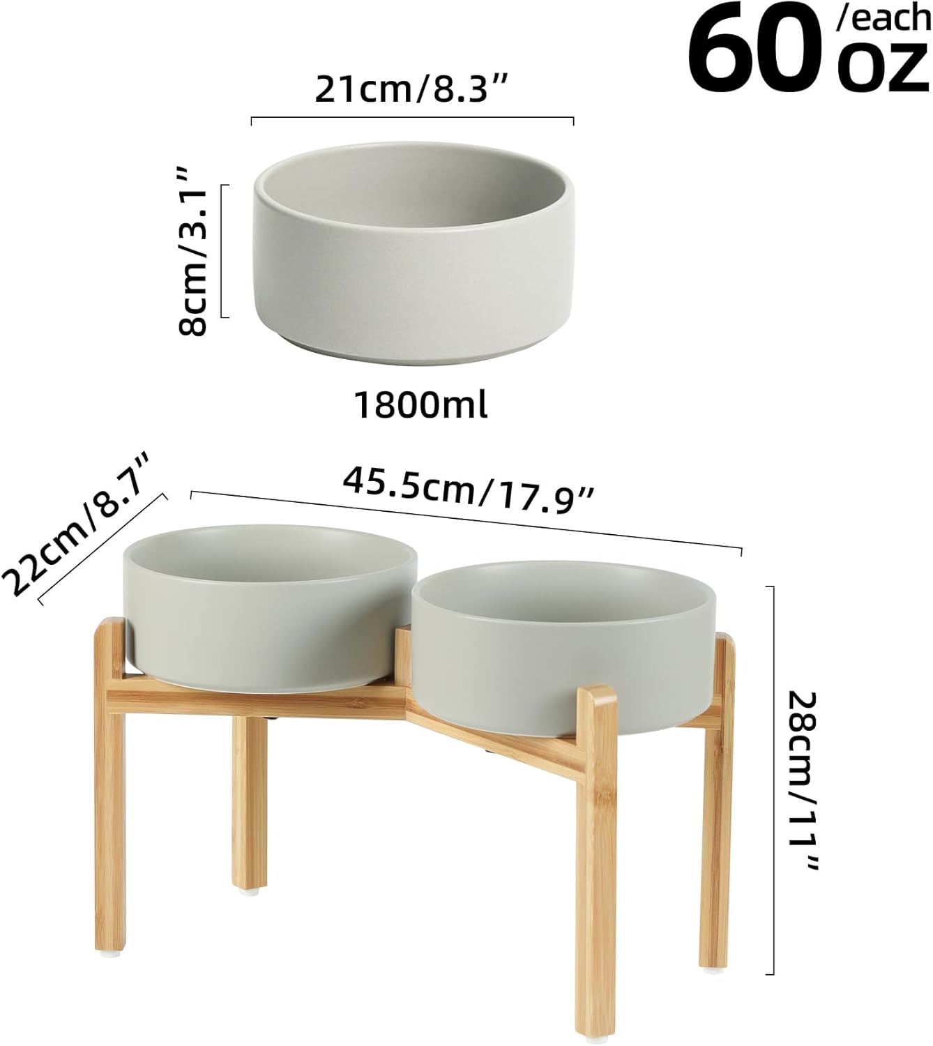 ceramic raised double bowls set with stand, food & water bowls for large breed dogs, weighted dog dishes, pet bowl(8.2'',60oz, grey) 8inch double bowls+ stand - grey