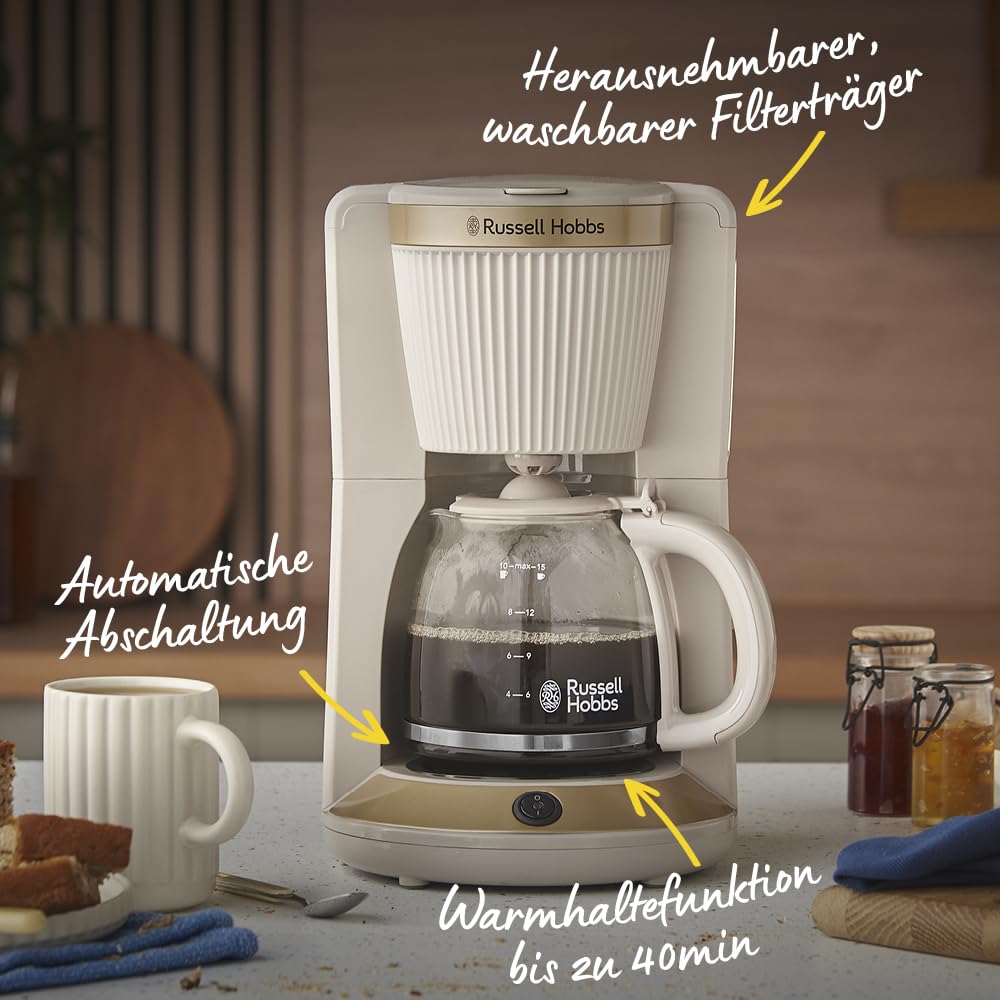 Russell Hobbs Filterkaffeemaschine [1,25L,1100W] Brontë Stone (WhirlTech-Brühtechnologie, Tropf-Stopp, Warmhalteplatte, Glaskanne, Wasserstandsanzeige, Pause & Gießen-Funktion) Kaffeemaschine 26781-56