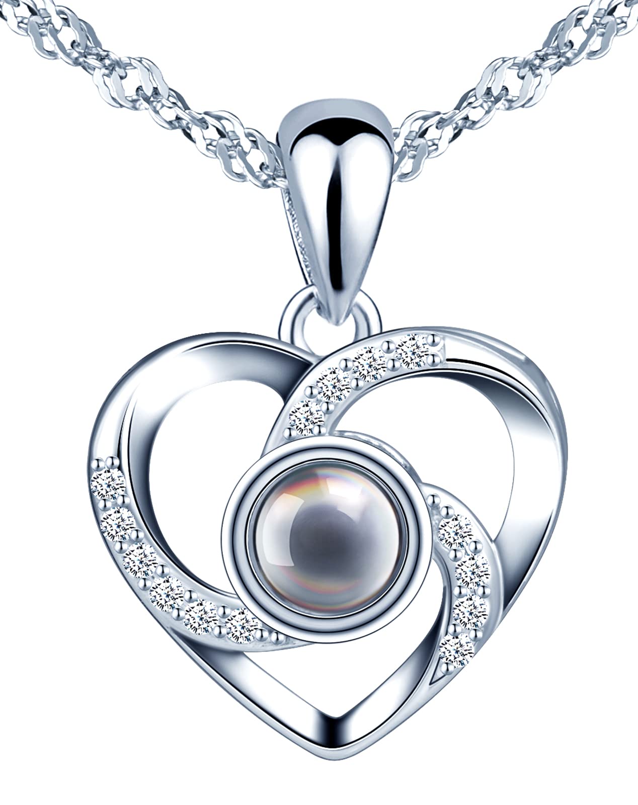 MOOFUNWomen's 925 Sterling Silver Necklace I Love You 100 Languages "I Love You" Projection Love Necklace Heart Pendant Elegant Gift Packaging Gifts for Her Wife Girlfriend Valentine's Day, Silver,