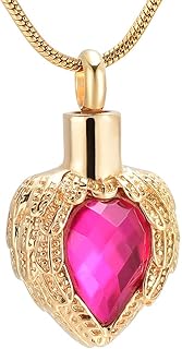 YOUHU Asche Halskette,Ashes Necklace,Vintage Golden Urn Memorial Heart Pendant for Ashes Rose Red Crystal Birthstone Angel...