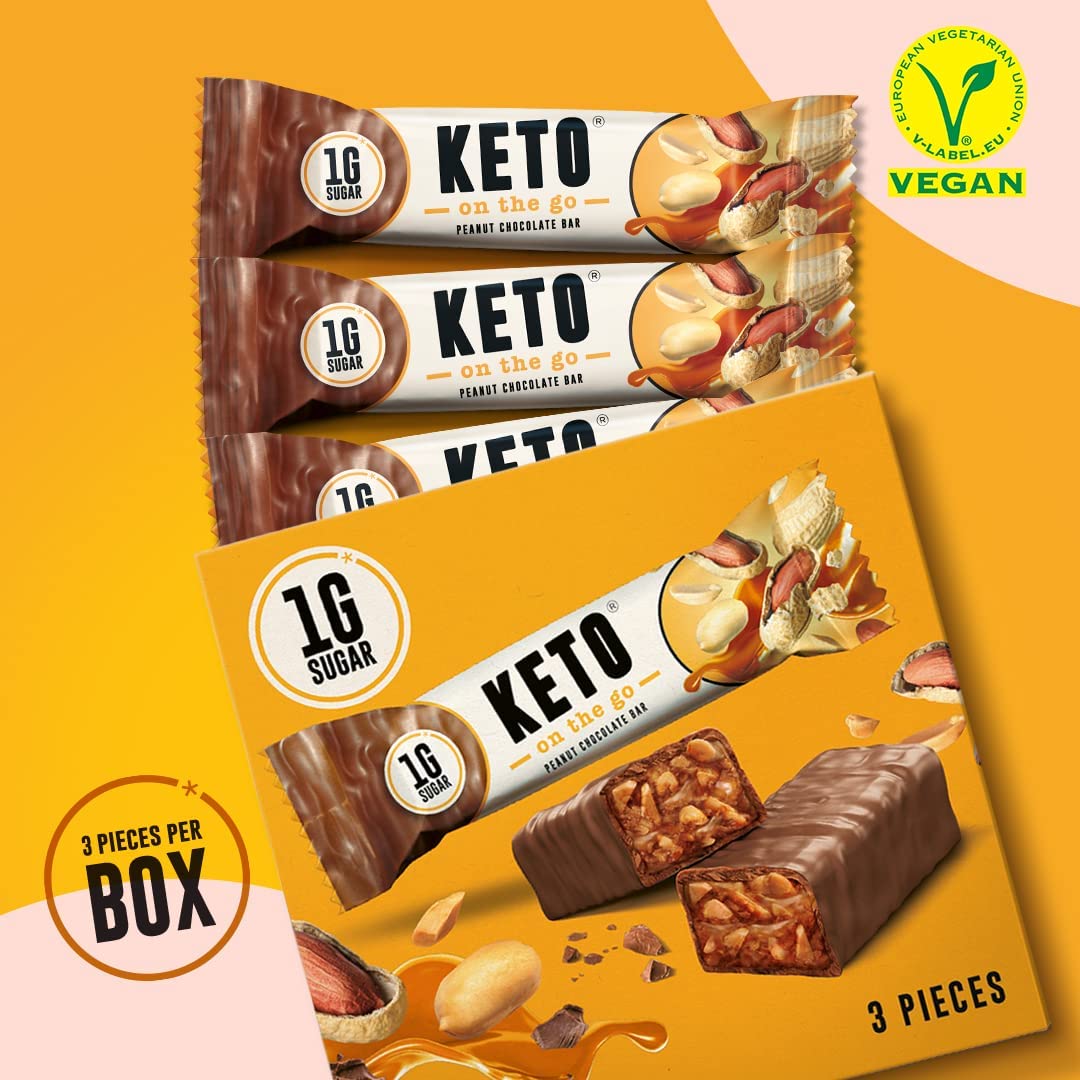 KETOFABRIK ketogene Lebensmittel - Schokoriegel | Schoko Erdnuss | 3x30g | Schokolade mit nur 1g Zucker pro Keto Riegel | Ohne Zuckerzusatz | Snack kalorienarme Süßigkeiten für Diät